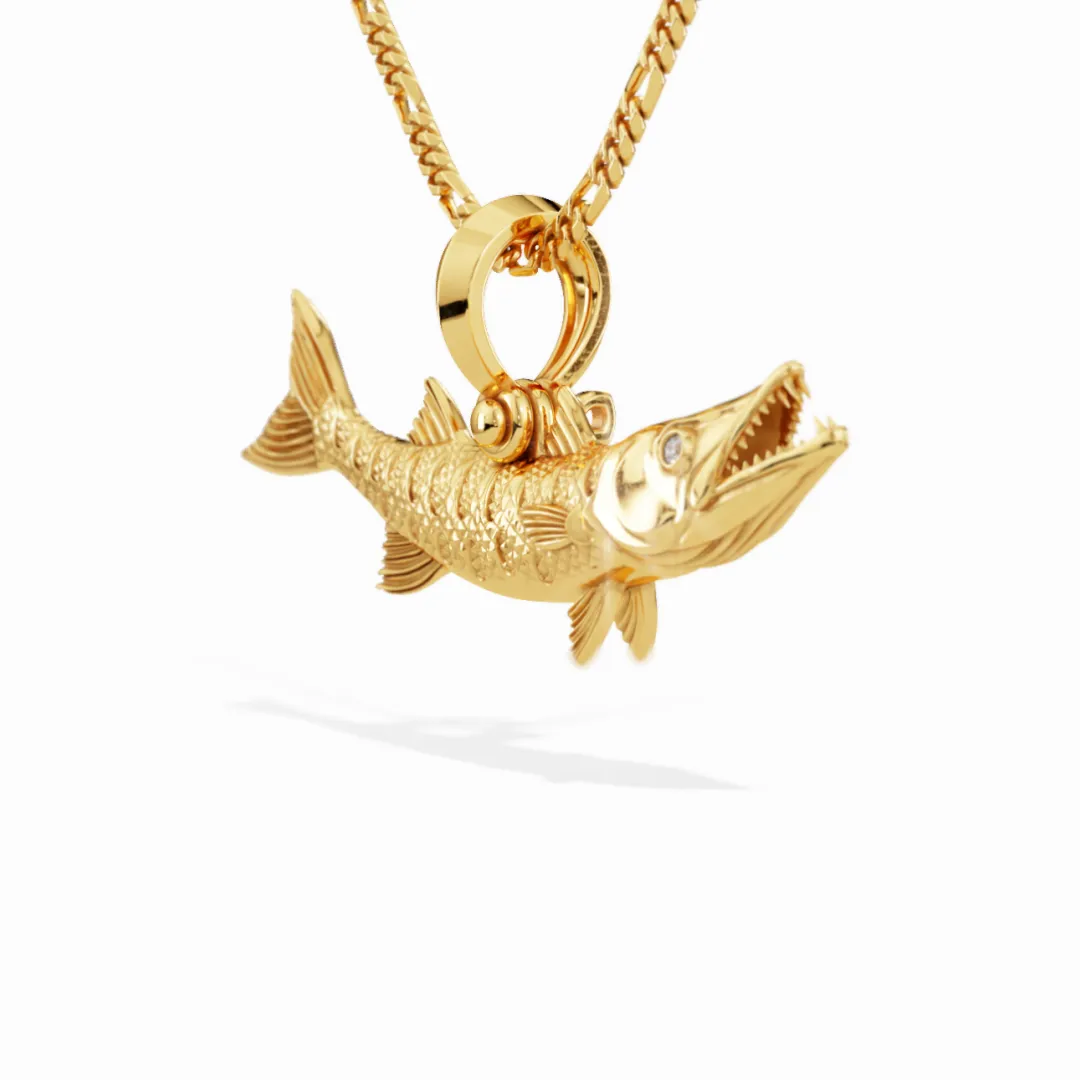 Exquisite 3D Barracuda Fish Pendant with Diamond Eyes | 14k Gold