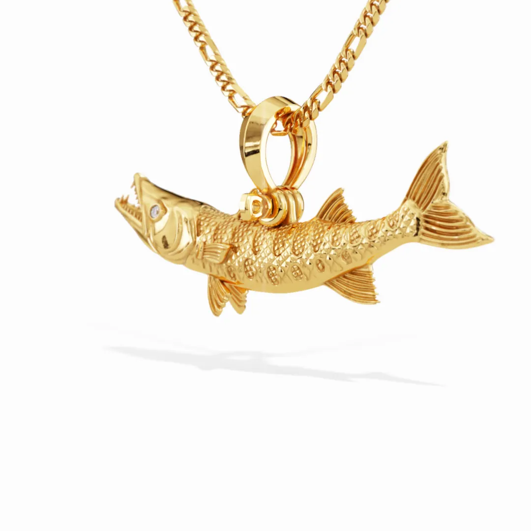 Exquisite 3D Barracuda Fish Pendant with Diamond Eyes | 14k Gold