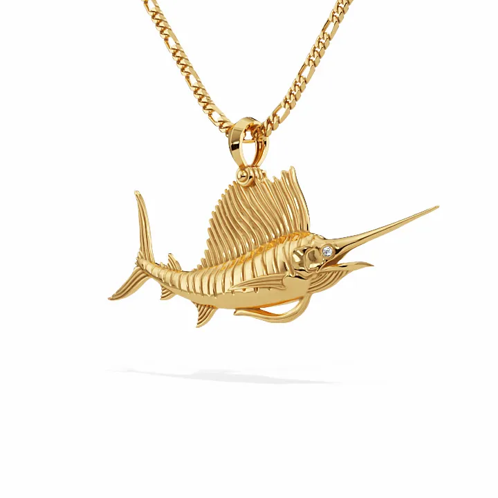 Exquisite 3D Sailfish Pendant with Upward Pose and Diamond Eyes | 14k Gold