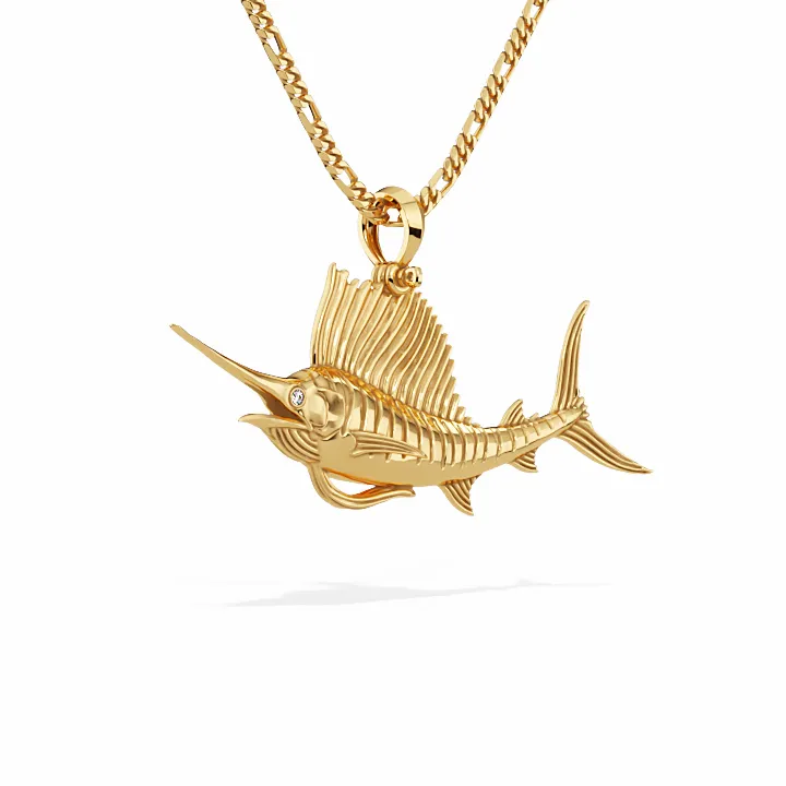 Exquisite 3D Sailfish Pendant with Upward Pose and Diamond Eyes | 14k Gold