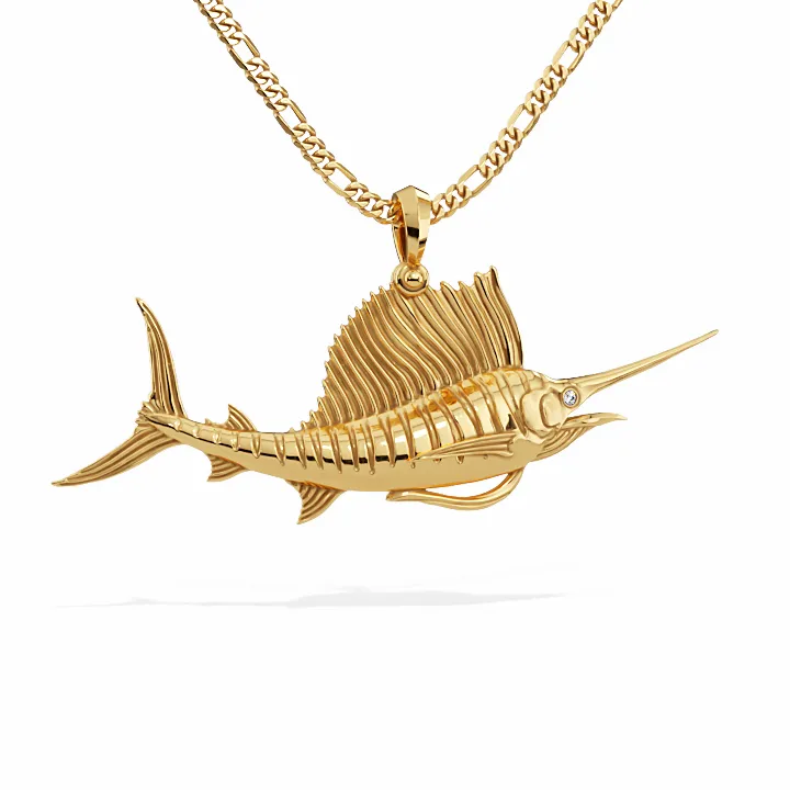 Exquisite 3D Sailfish Pendant with Upward Pose and Diamond Eyes | 14k Gold