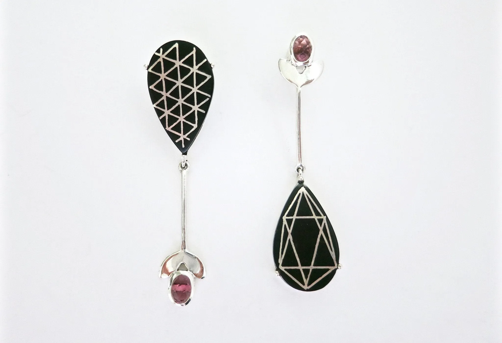 Exquisite asymmetrical long Bidri earrings