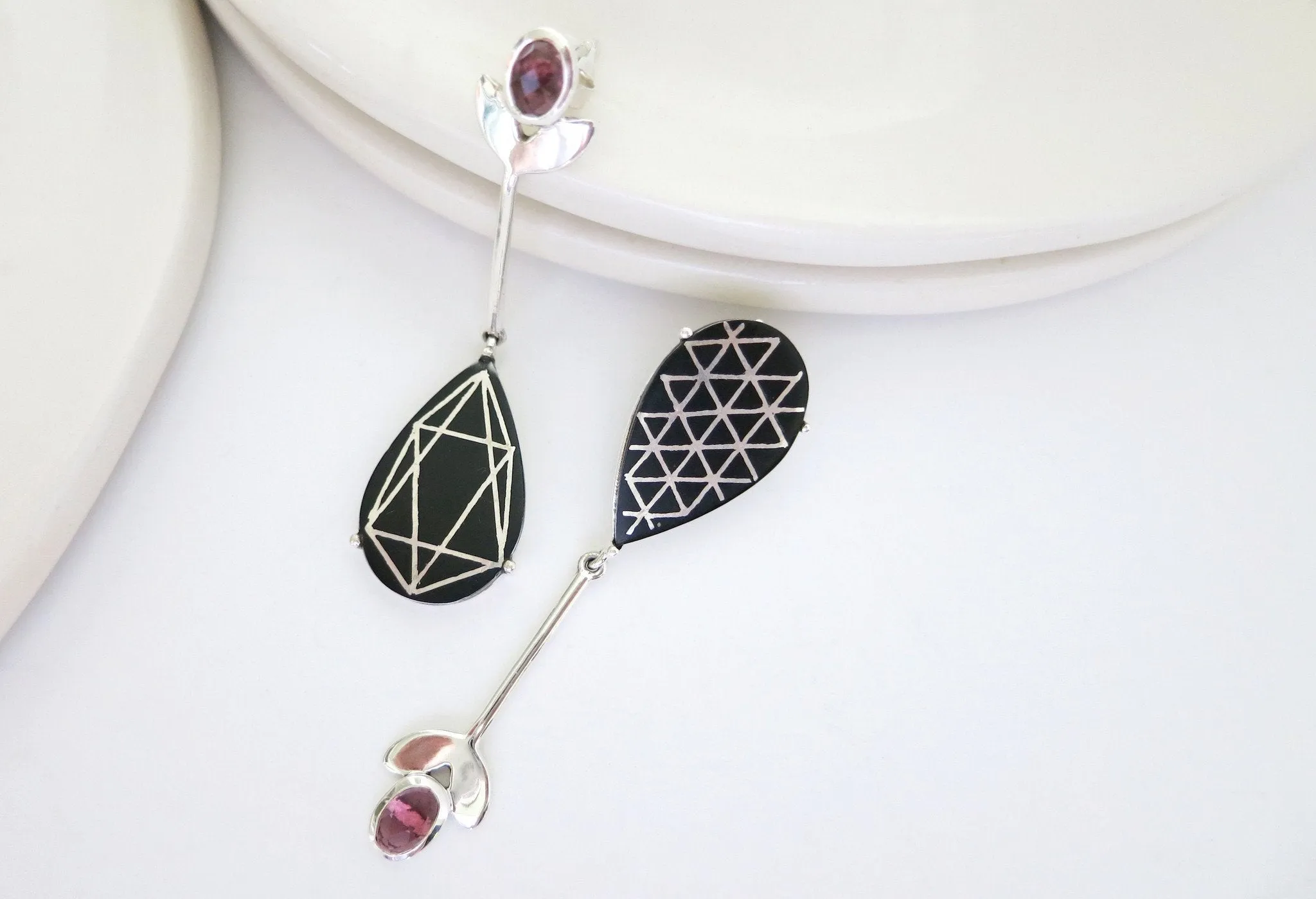 Exquisite asymmetrical long Bidri earrings