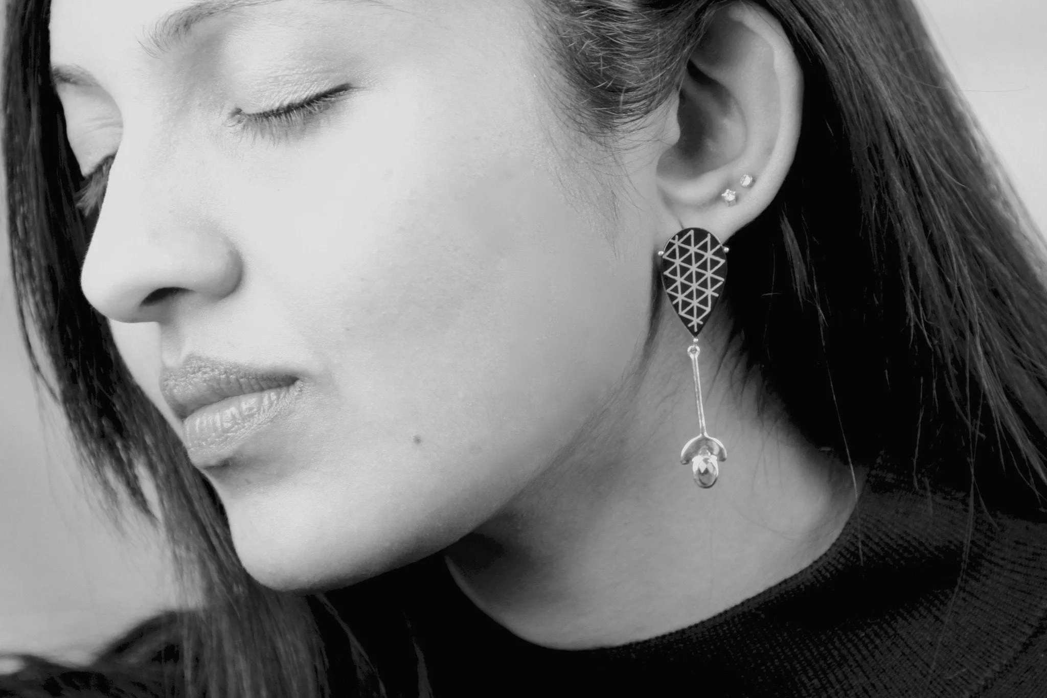 Exquisite asymmetrical long Bidri earrings