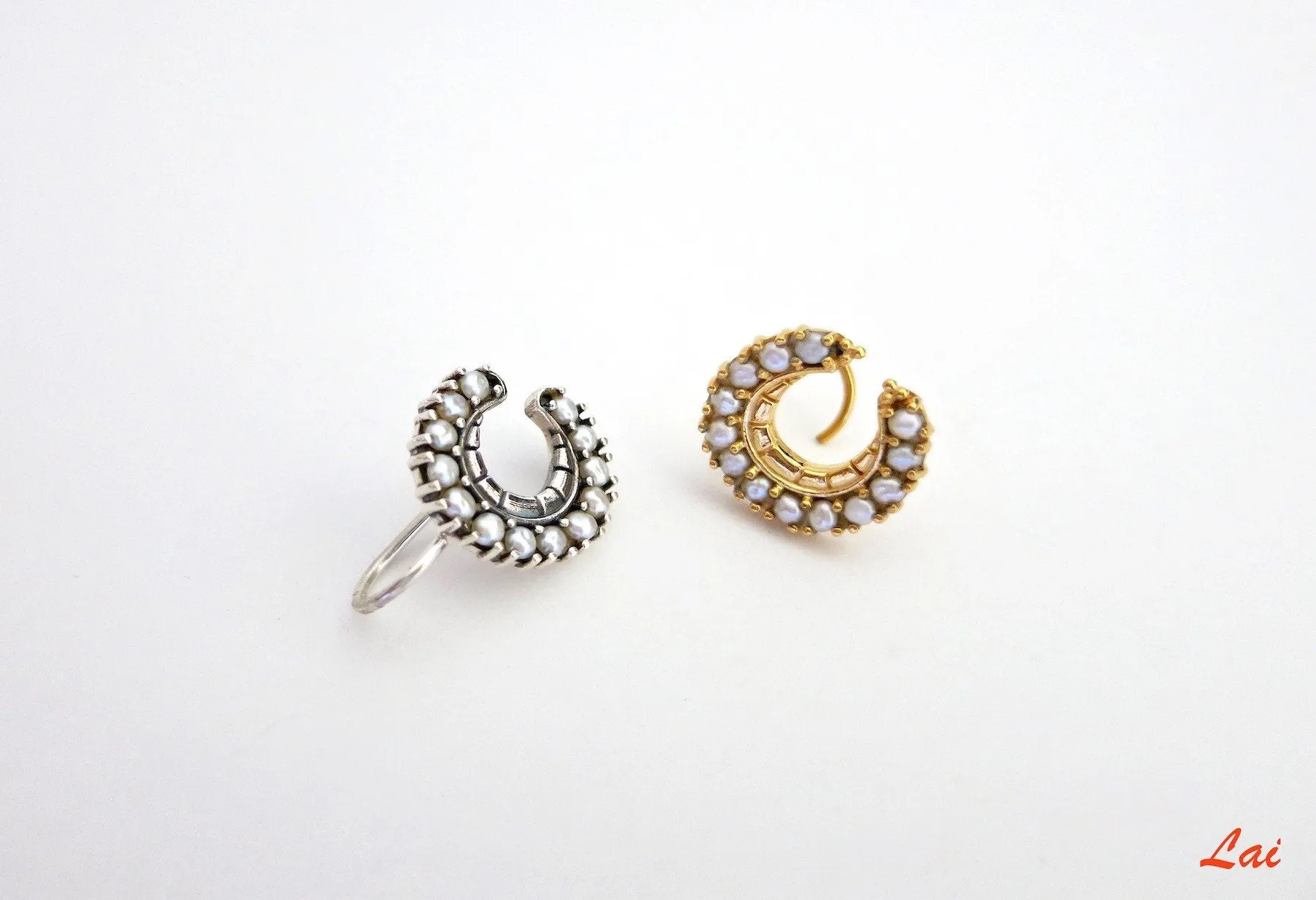 Exquisite, crescent shape, pearls encrusted nose pin