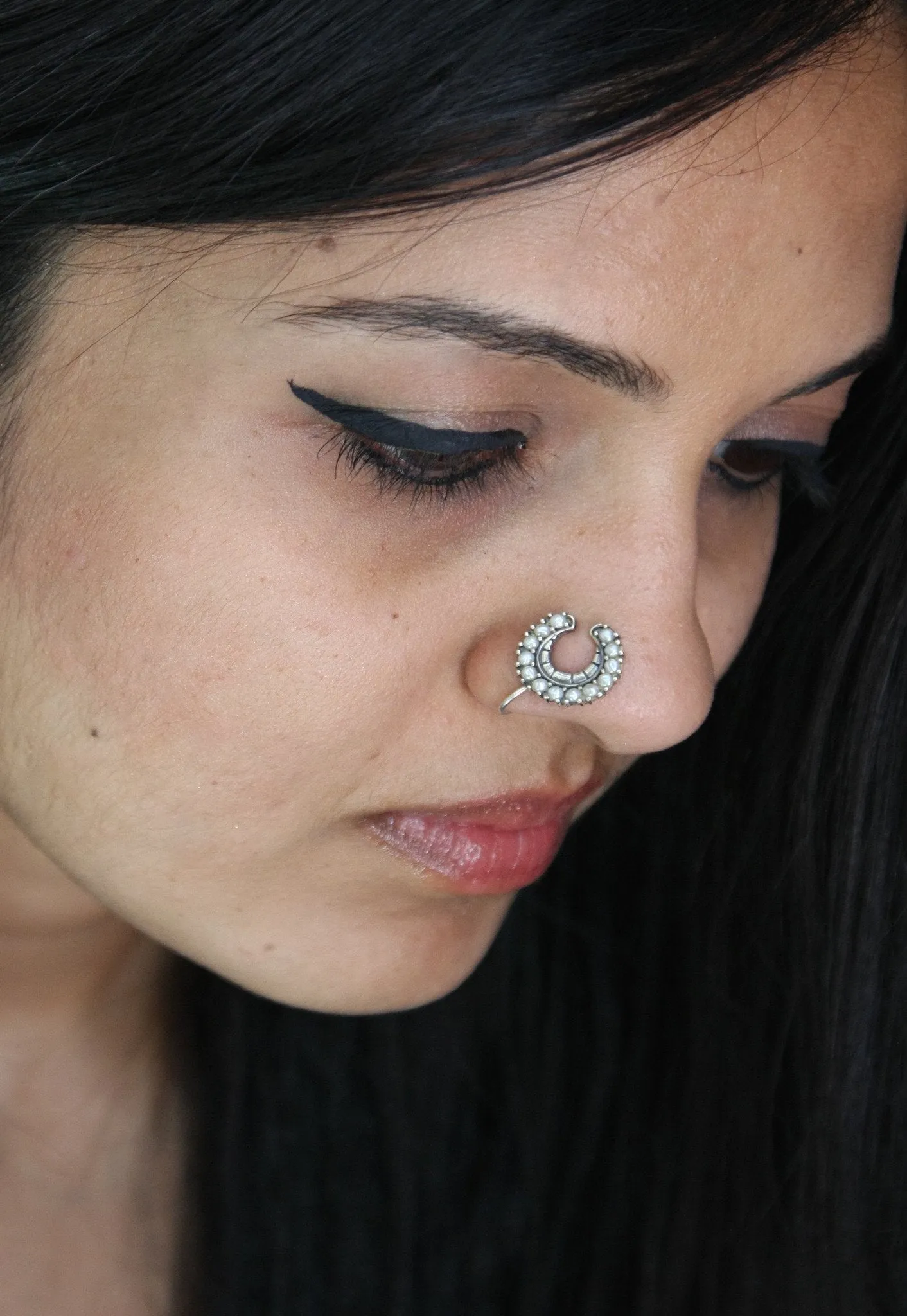 Exquisite, crescent shape, pearls encrusted nose pin
