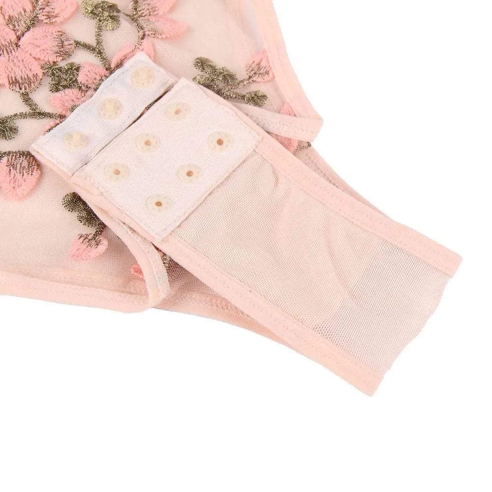 Exquisite Embroidery Mesh Bodysuit With Underwire