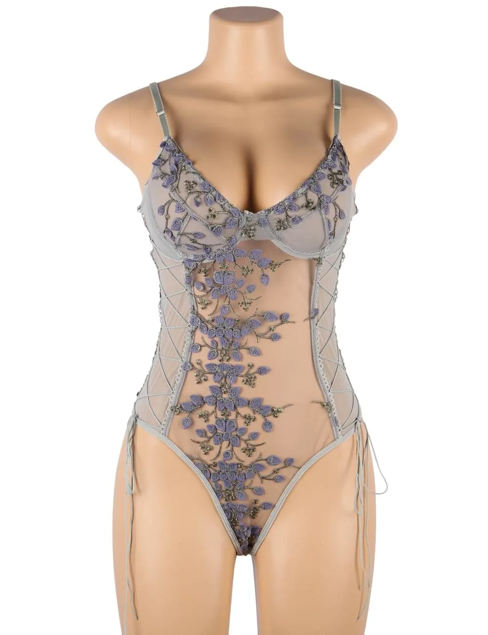Exquisite Embroidery Mesh Bodysuit With Underwire