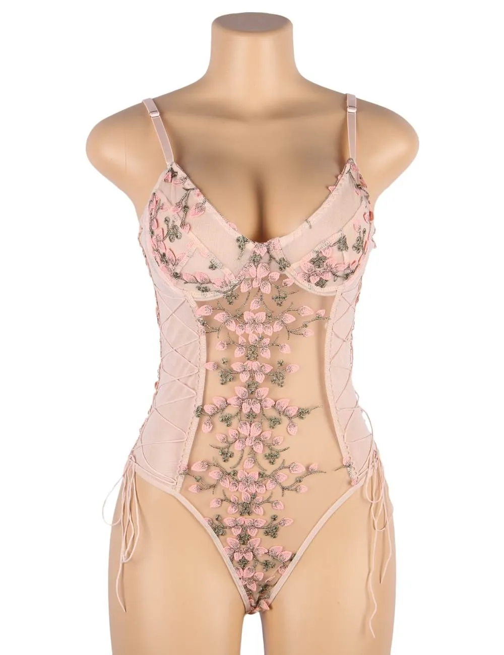 Exquisite Embroidery Mesh Bodysuit With Underwire