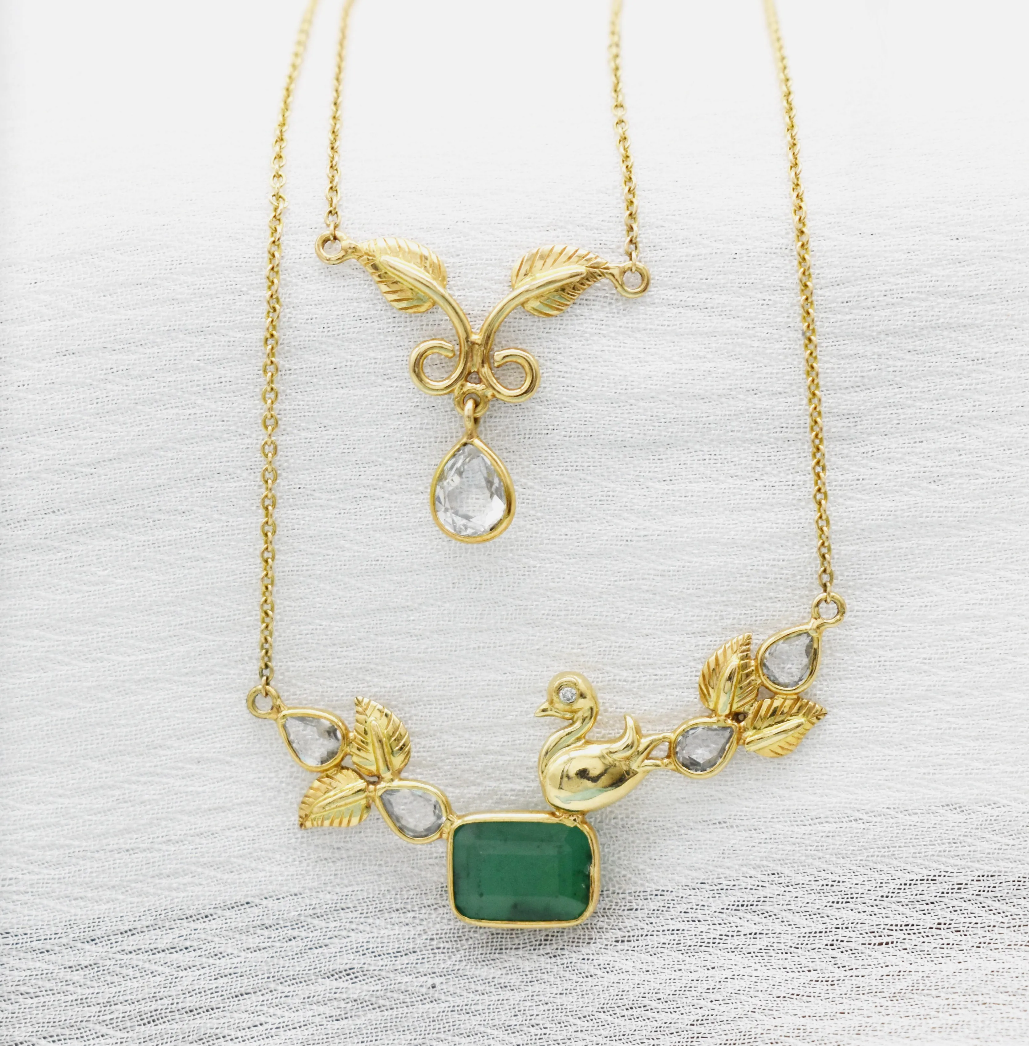 Exquisite Genuine Emerald| Diamond| White sapphire Necklace| Double layered Necklace|