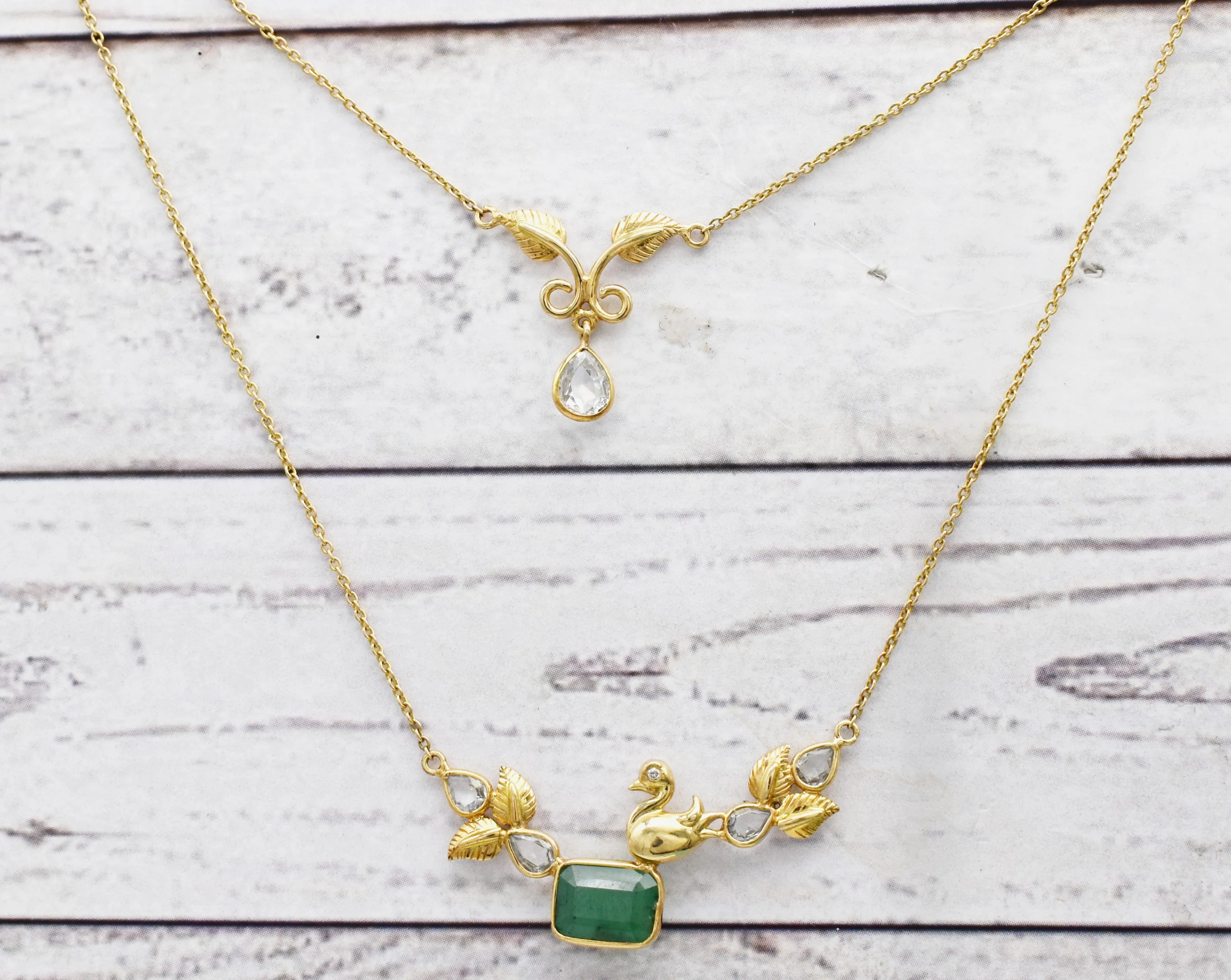 Exquisite Genuine Emerald| Diamond| White sapphire Necklace| Double layered Necklace|