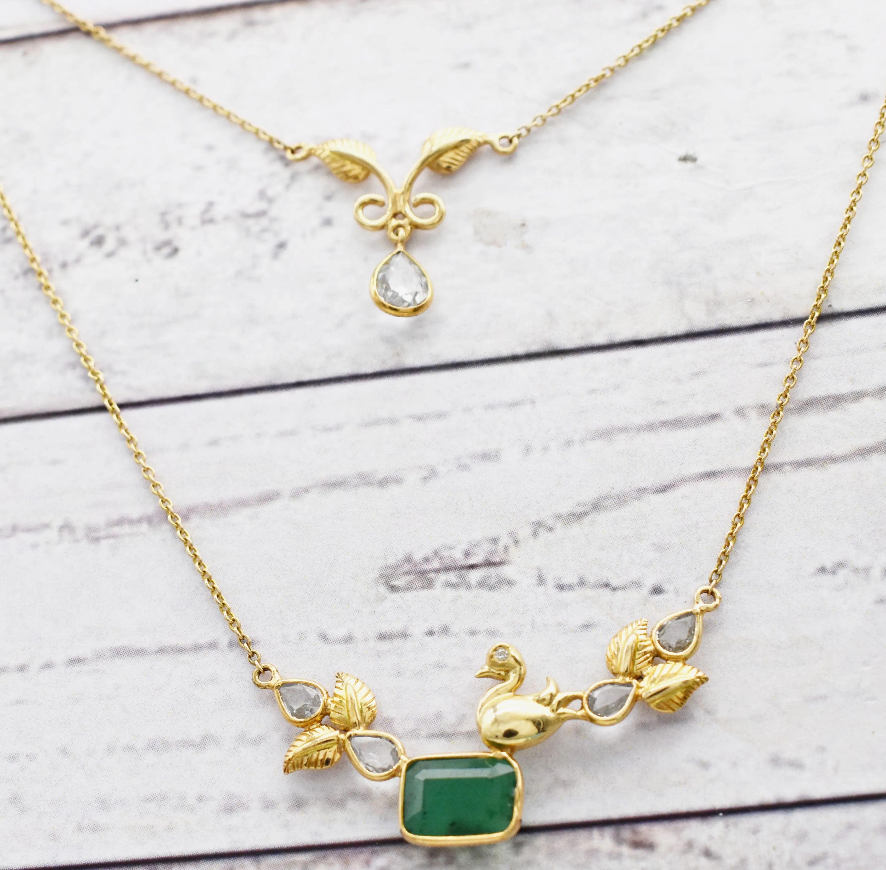 Exquisite Genuine Emerald| Diamond| White sapphire Necklace| Double layered Necklace|