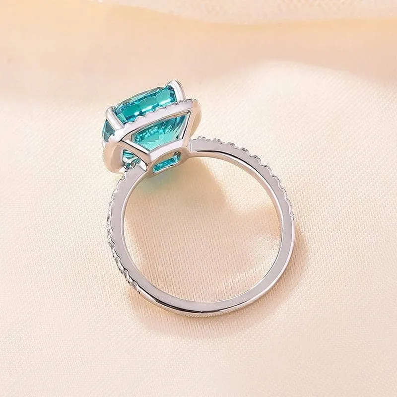 Exquisite Halo Cushion Cut Simulated Cyan Blue Engagement Ring