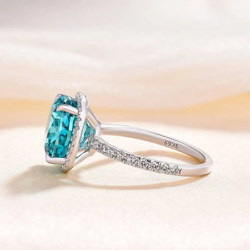 Exquisite Halo Cushion Cut Simulated Cyan Blue Engagement Ring