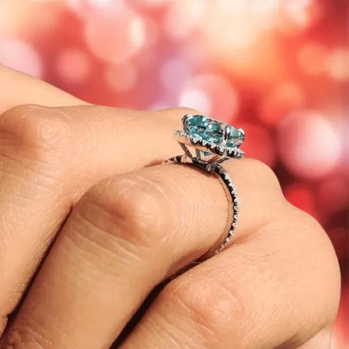 Exquisite Halo Cushion Cut Simulated Cyan Blue Engagement Ring