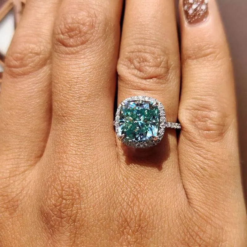 Exquisite Halo Cushion Cut Simulated Cyan Blue Engagement Ring