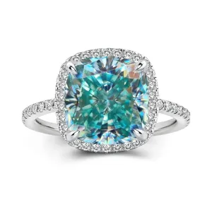 Exquisite Halo Cushion Cut Simulated Cyan Blue Engagement Ring