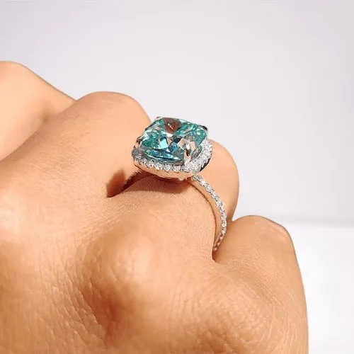 Exquisite Halo Cushion Cut Simulated Cyan Blue Engagement Ring