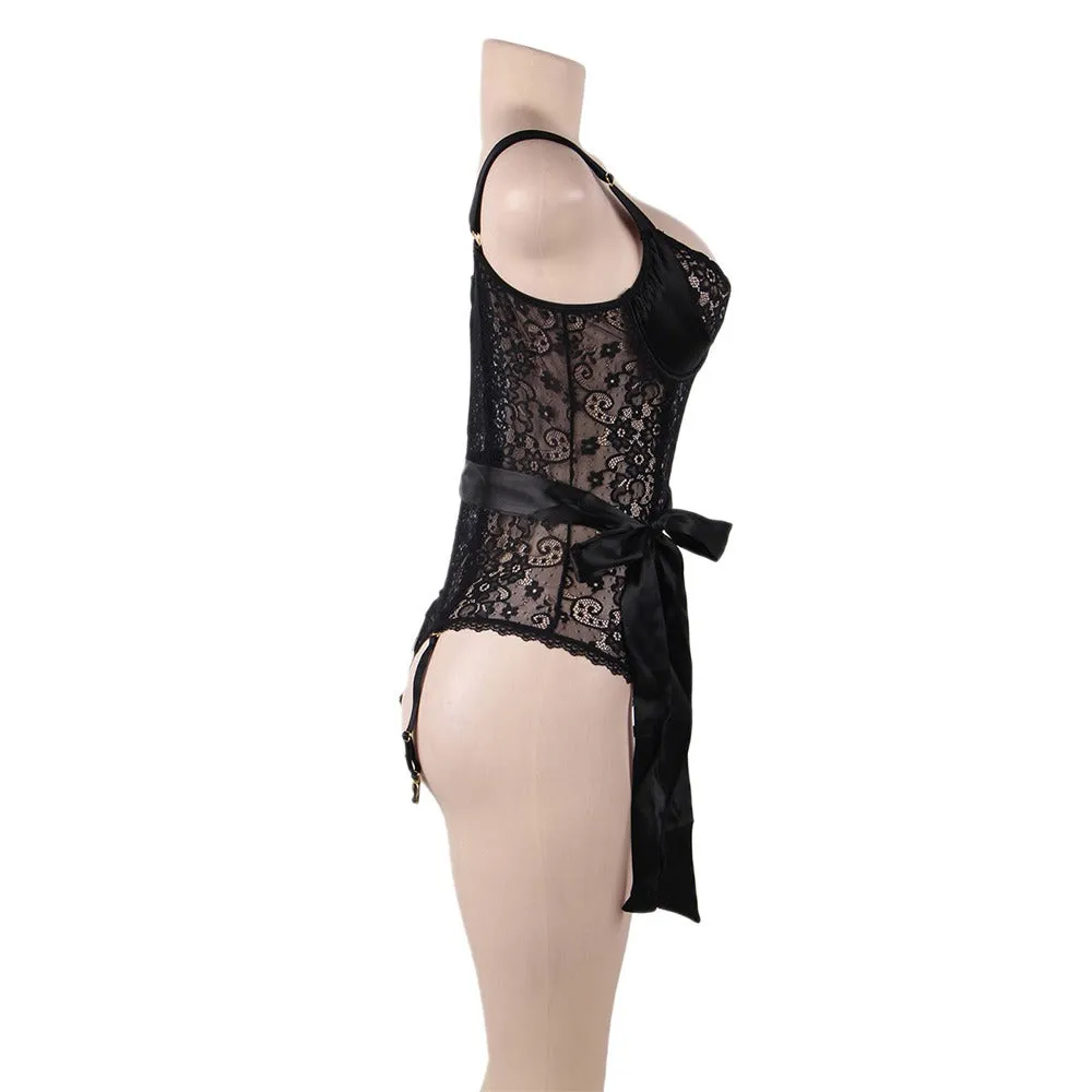 Exquisite Peacock pattern Lace Teddy With Steel Ring