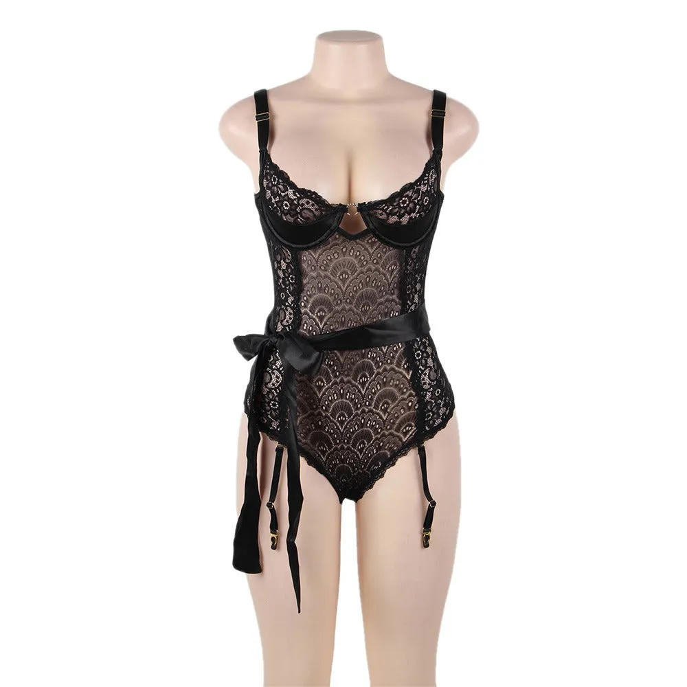Exquisite Peacock pattern Lace Teddy With Steel Ring