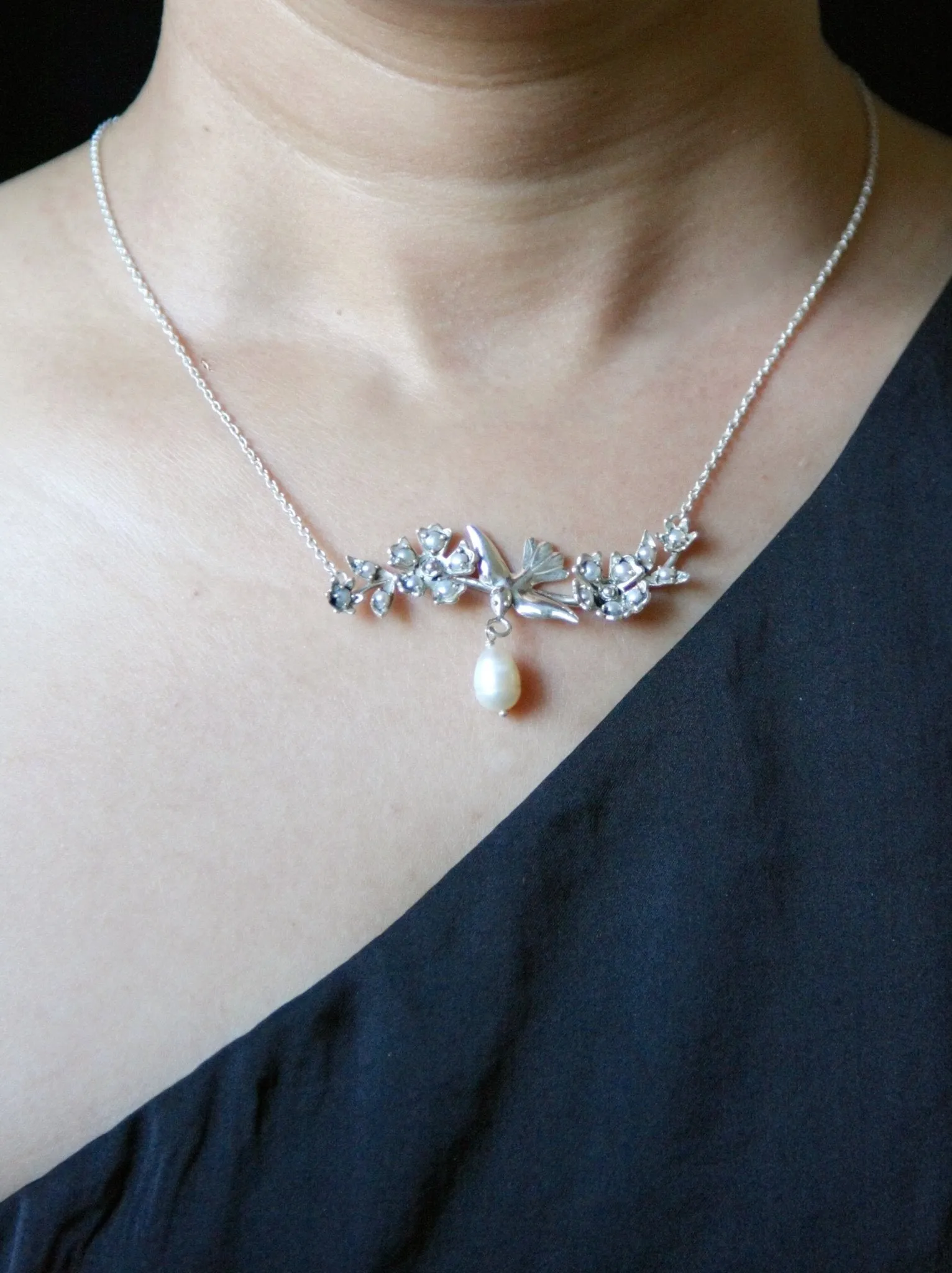 Exquisite, pearl encrusted, Victorian swallow pendant necklace
