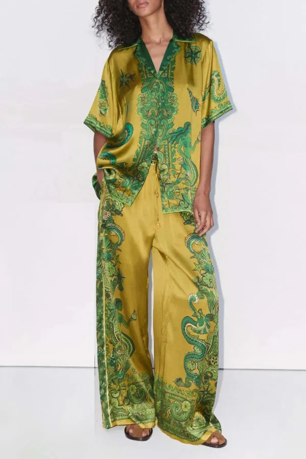 Exquisite Satin Unique Floral Print Button Down Loose Shirt