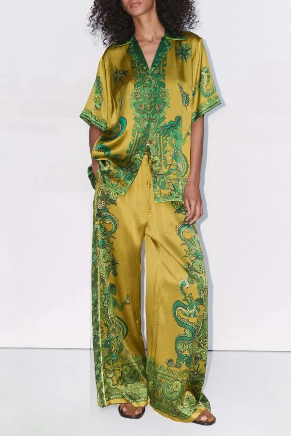 Exquisite Satin Unique Floral Print Wide Leg Pants
