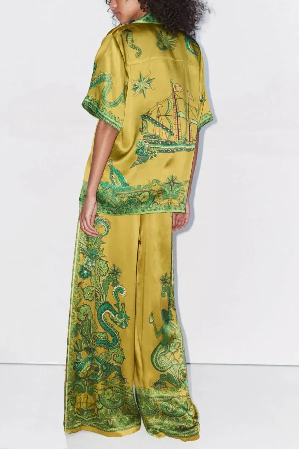 Exquisite Satin Unique Floral Print Wide Leg Pants