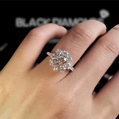 Exquisite Sun Flower Design Halo Round Cut Engagement Ring