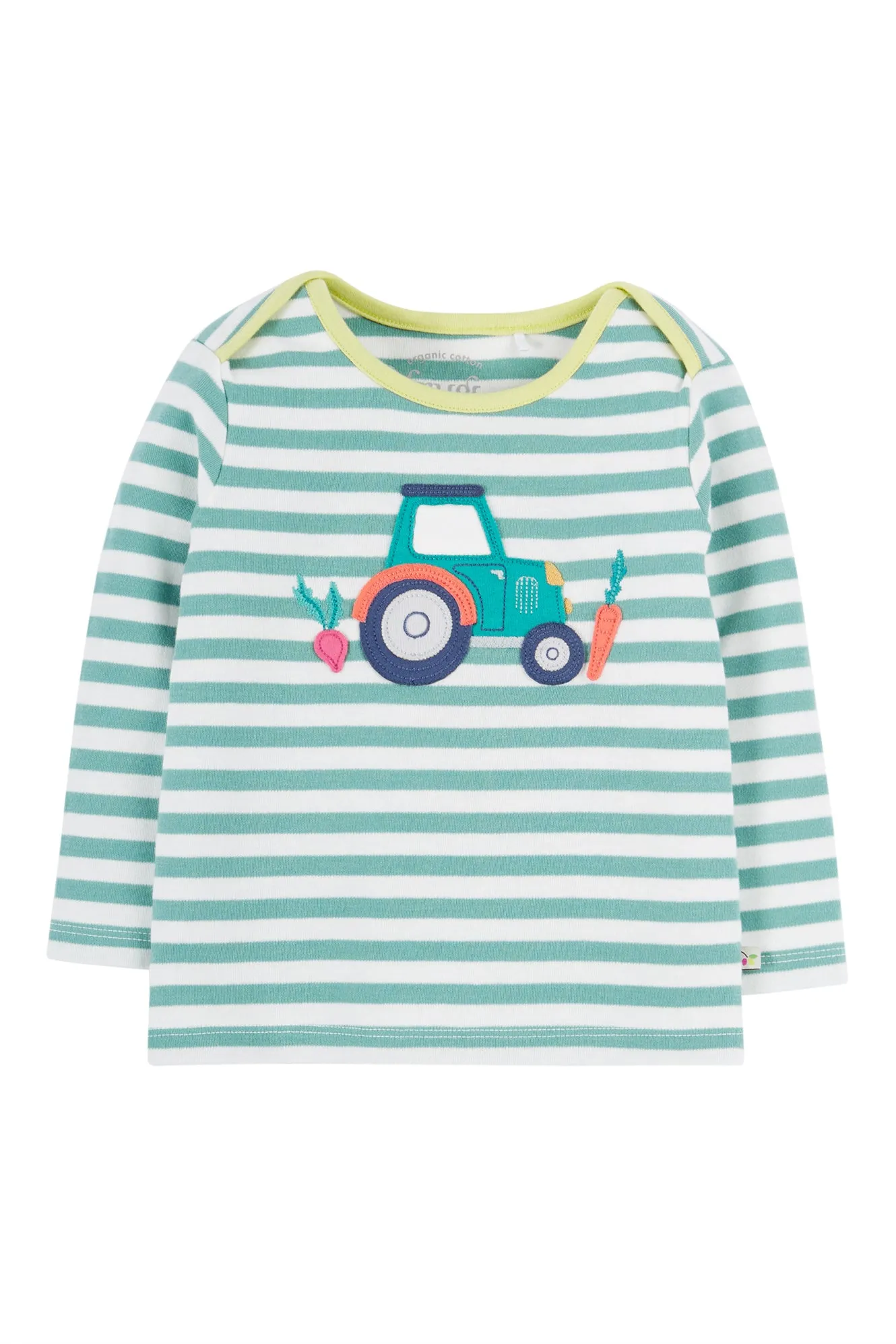 Frugi Baby Boys Moss Stripe Tractor Bobby Applique Top