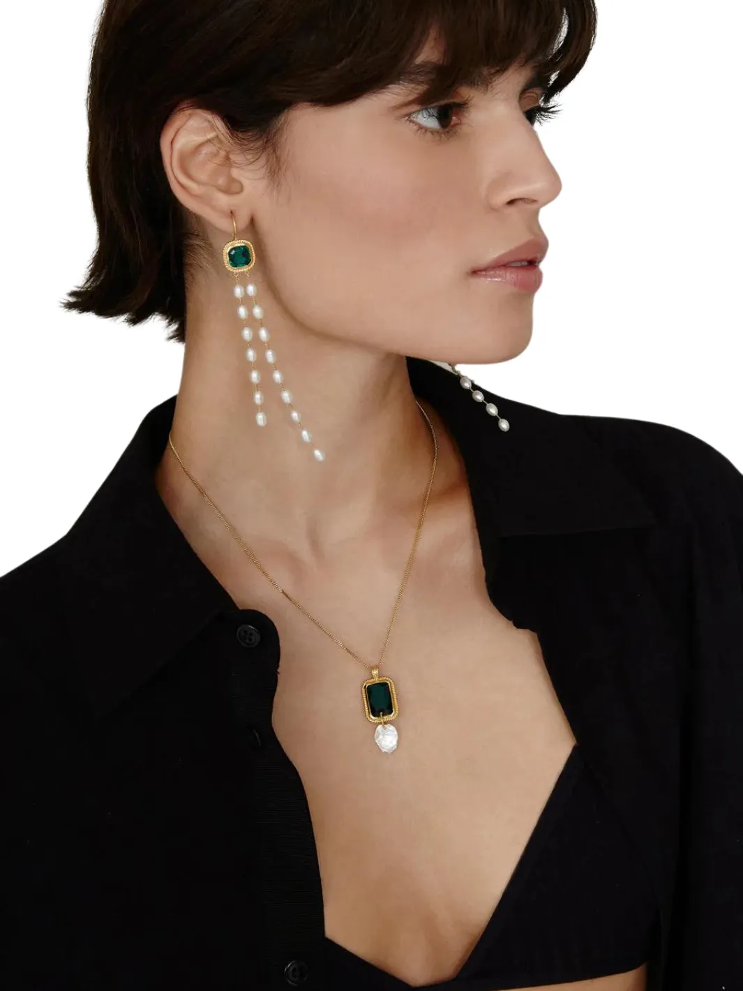 GENEVA TIERED PEARL EARRINGS EMERALD