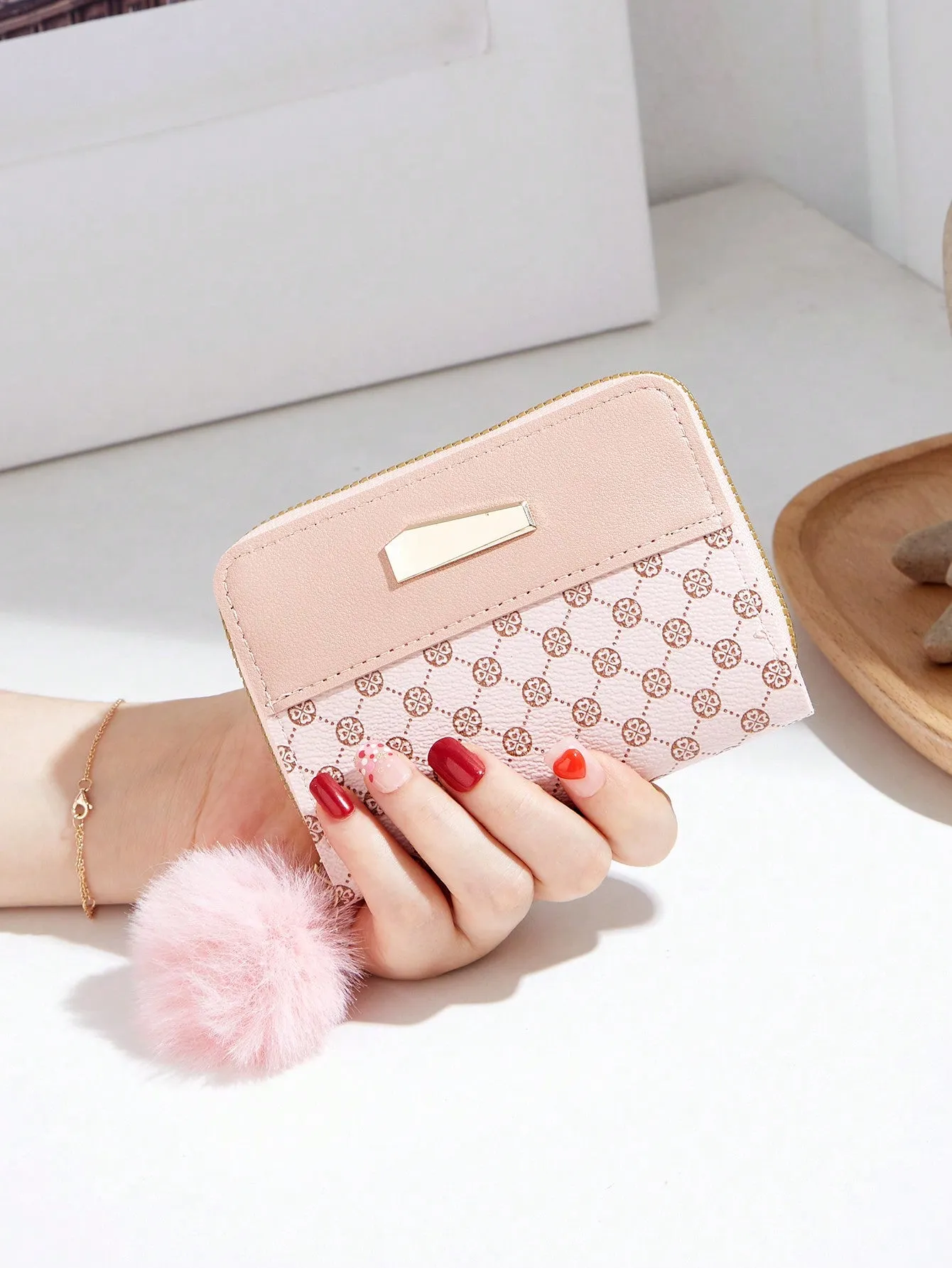 Geometric Pattern Short Wallet - Pink