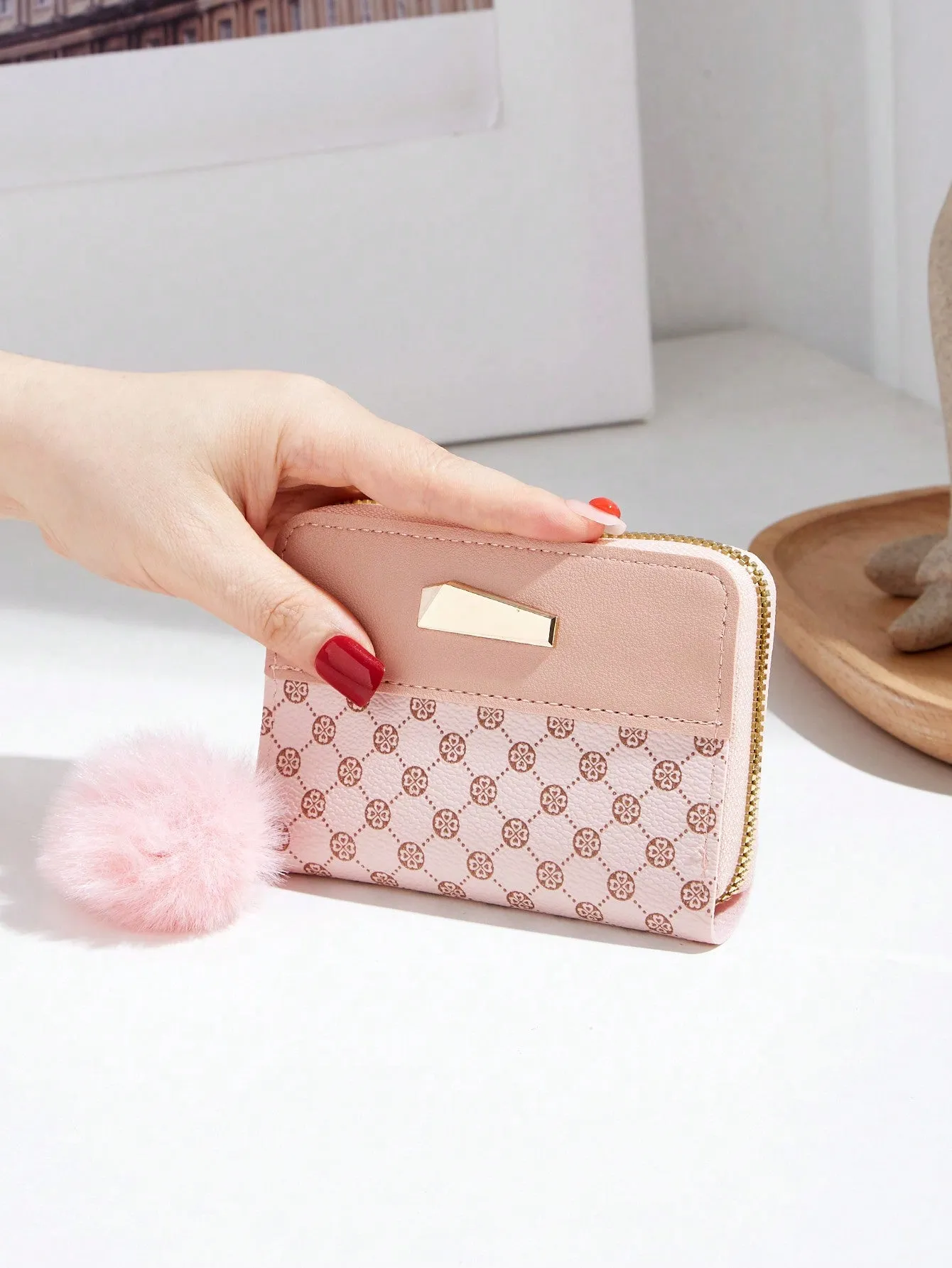 Geometric Pattern Short Wallet - Pink