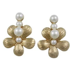 Gold Flower with 4 White Pearl Balls Pierced Earring - PE502