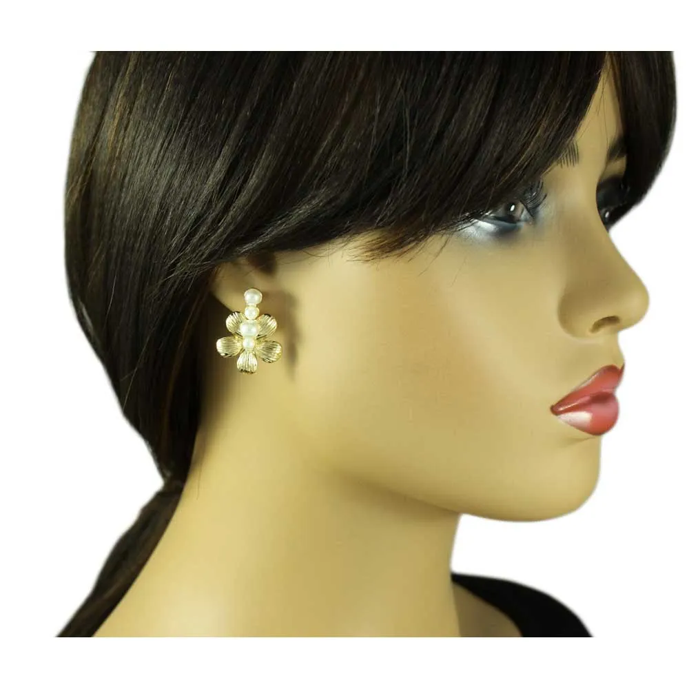 Gold Flower with 4 White Pearl Balls Pierced Earring - PE502