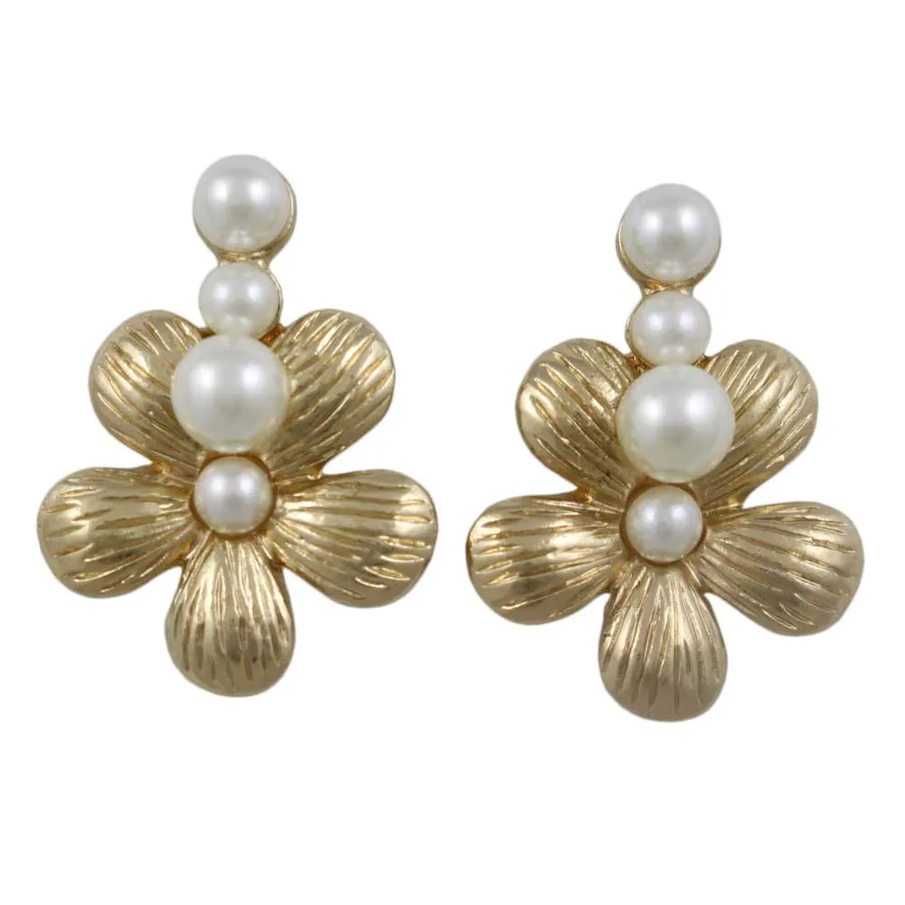 Gold Flower with 4 White Pearl Balls Pierced Earring - PE502