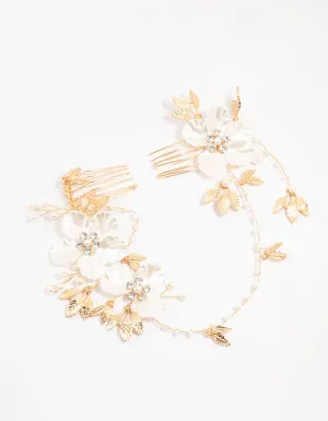 Gold Pearlised Flower Trio Draped Comb Head Piece
