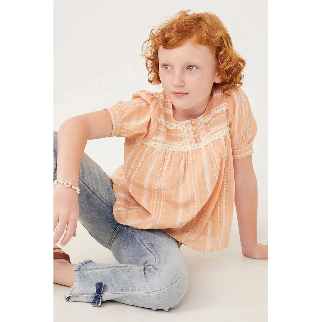 Hayden Girls Lace Trimmed Buttoned Textured Top