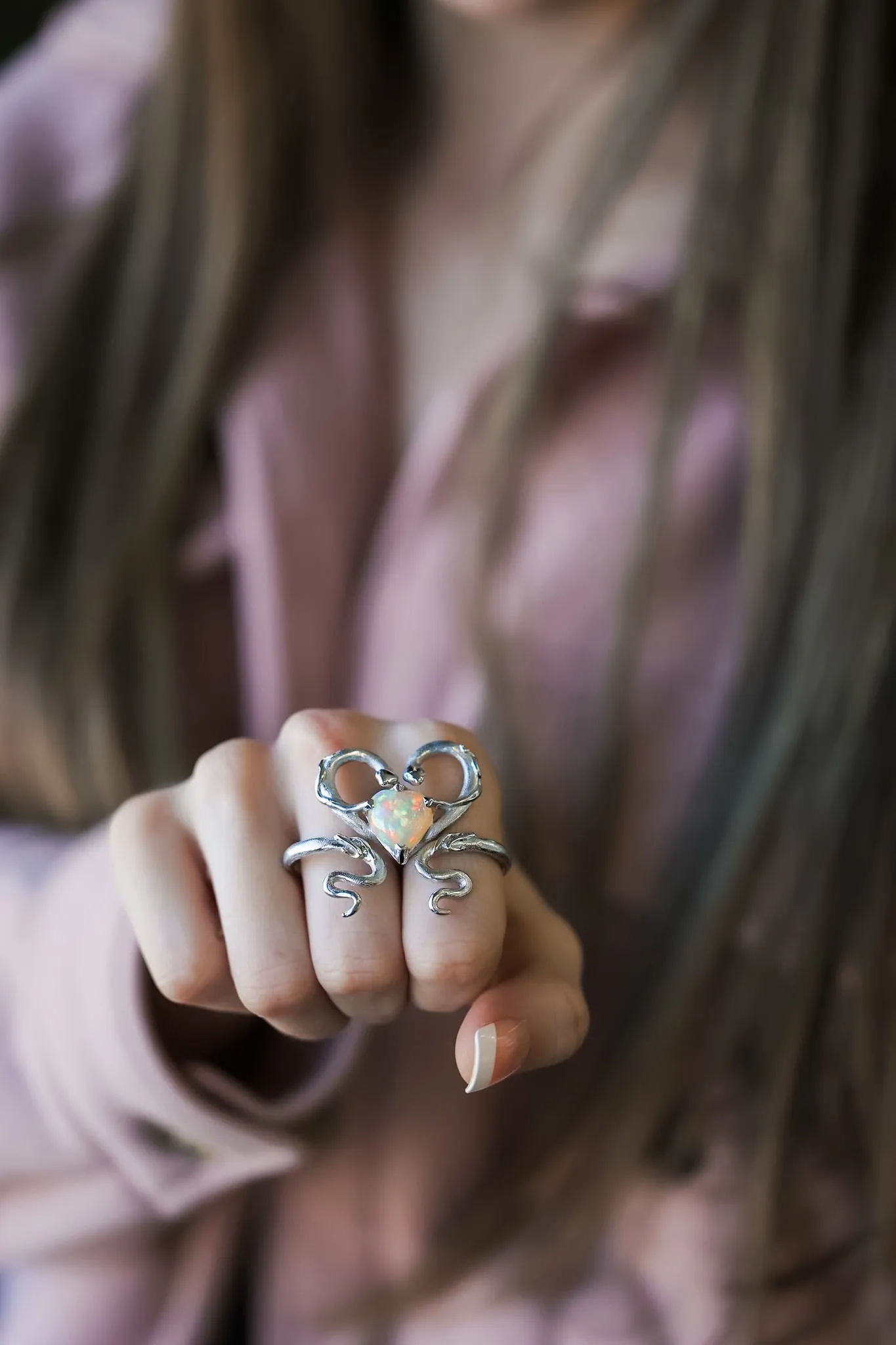 Heart Opal Two Finger Snake Ring