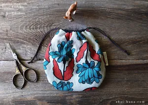 Japanese Handmade Temari Kinchaku (Drawstring) Purse, Floral Blue Green x Orange ⦿tkjp0019