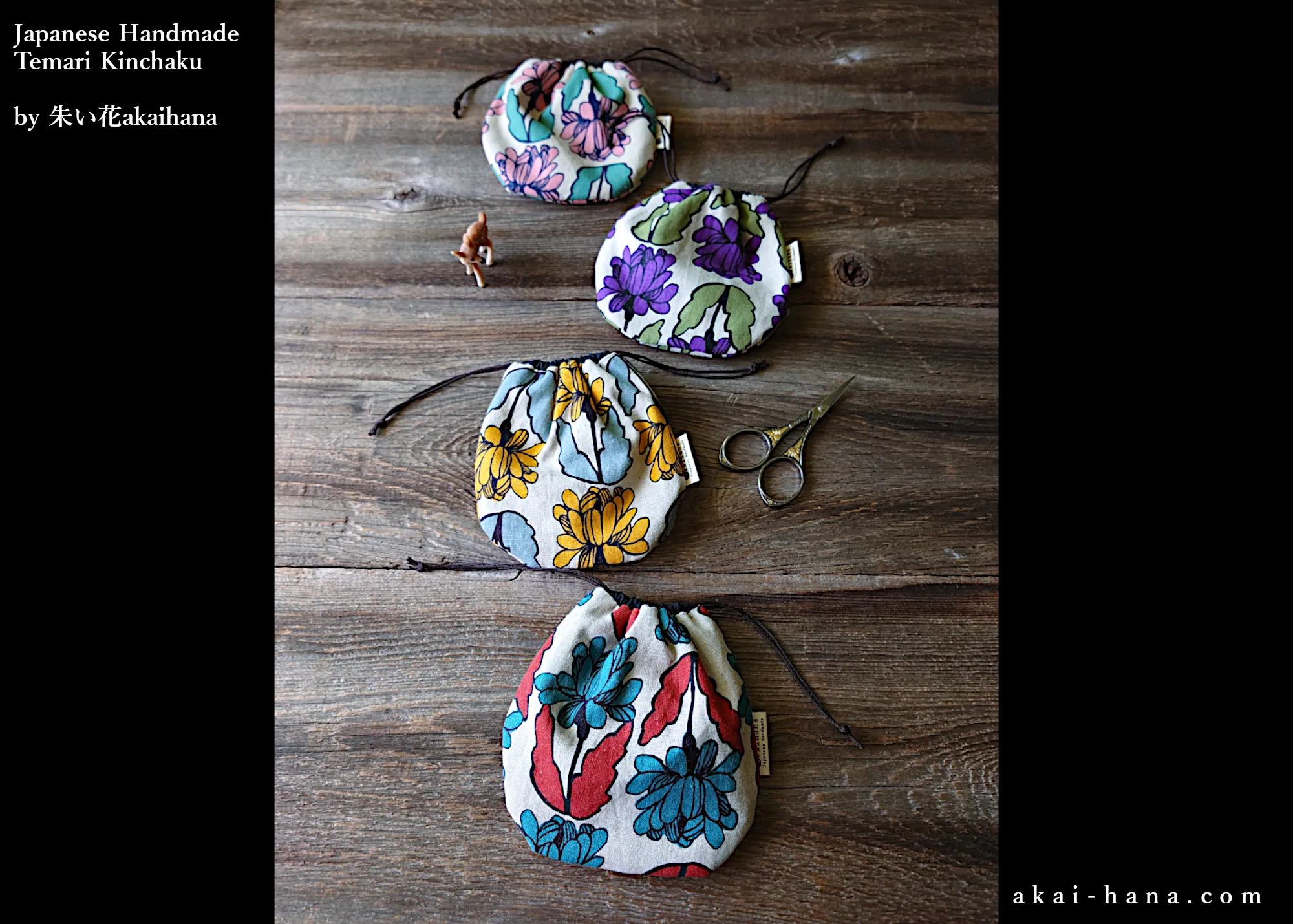 Japanese Handmade Temari Kinchaku (Drawstring) Purse, Floral Blue Green x Orange ⦿tkjp0019