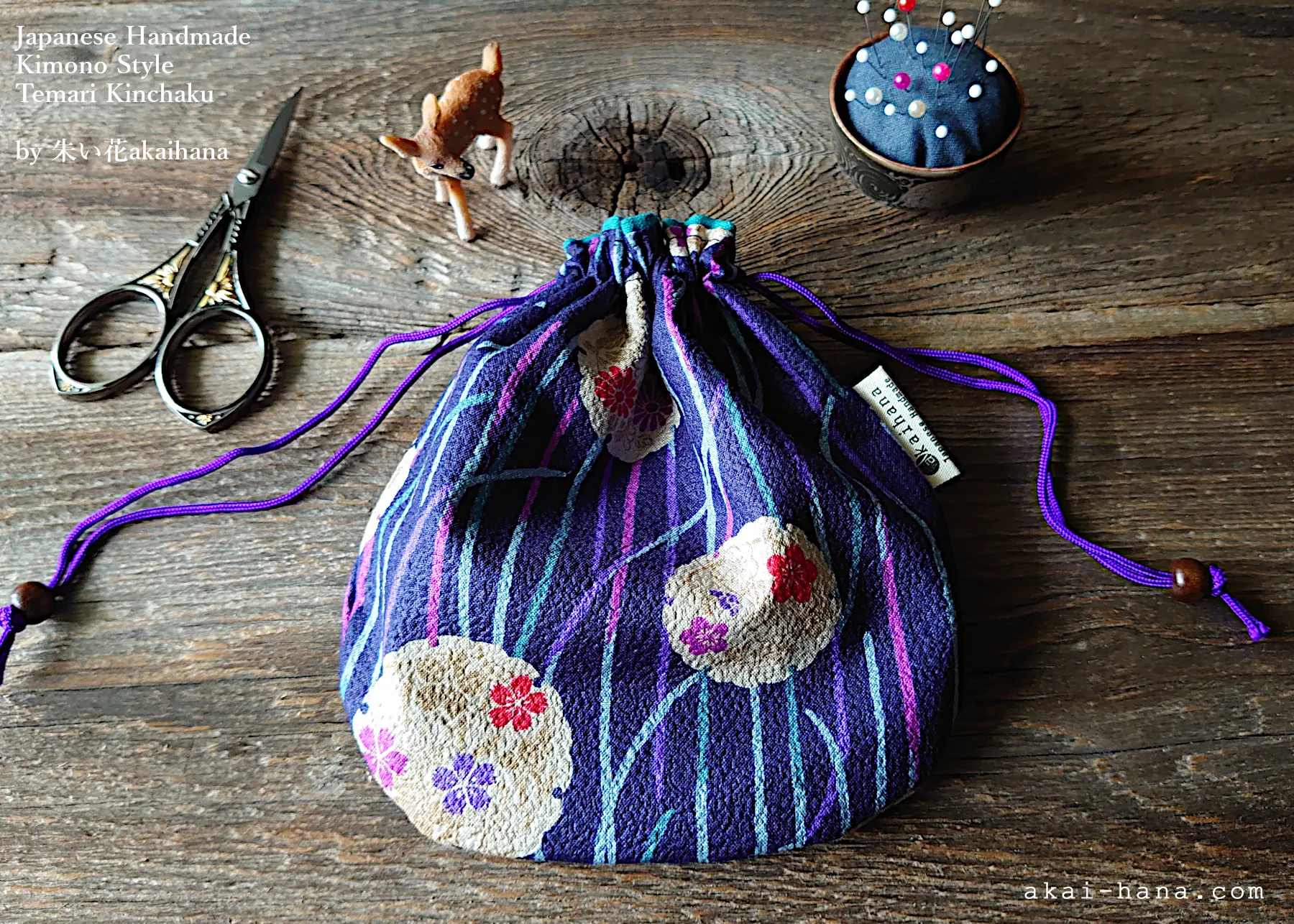 Japanese Handmade Temari Kinchaku Purse, Flower Balls Blue Purple, tkjp0007