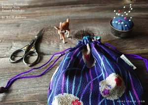 Japanese Handmade Temari Kinchaku Purse, Flower Balls Blue Purple, tkjp0007