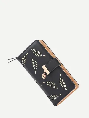 Leaf Detail Fold Over Purse Black