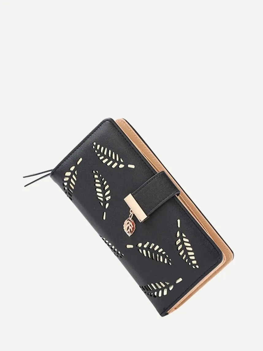 Leaf Detail Fold Over Purse Black