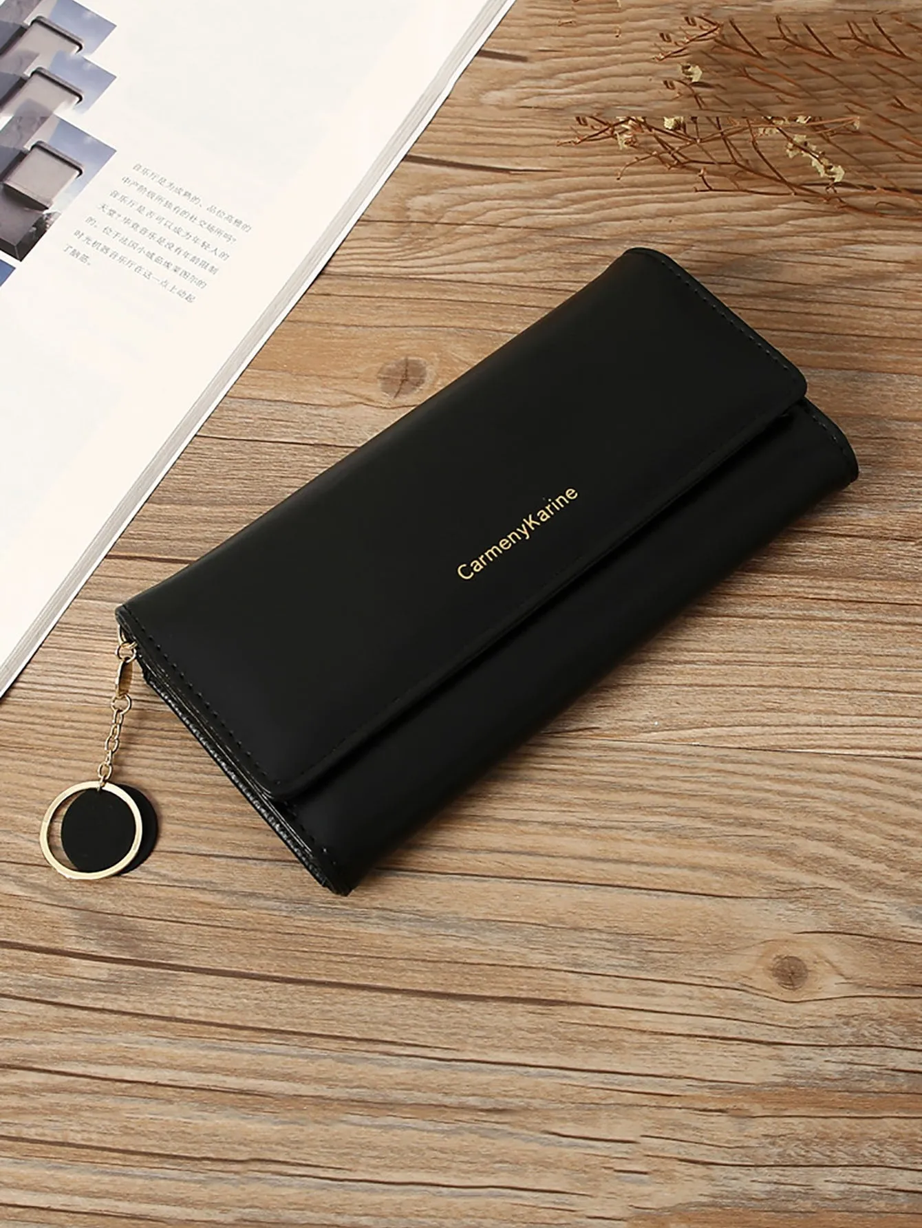 Letter Graphic Flap Long Wallet - Black