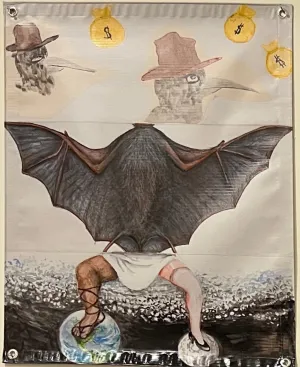 Lisa Bowman, "Exquisite Corpse Banner #1 (Sara, Sally, Robert)"