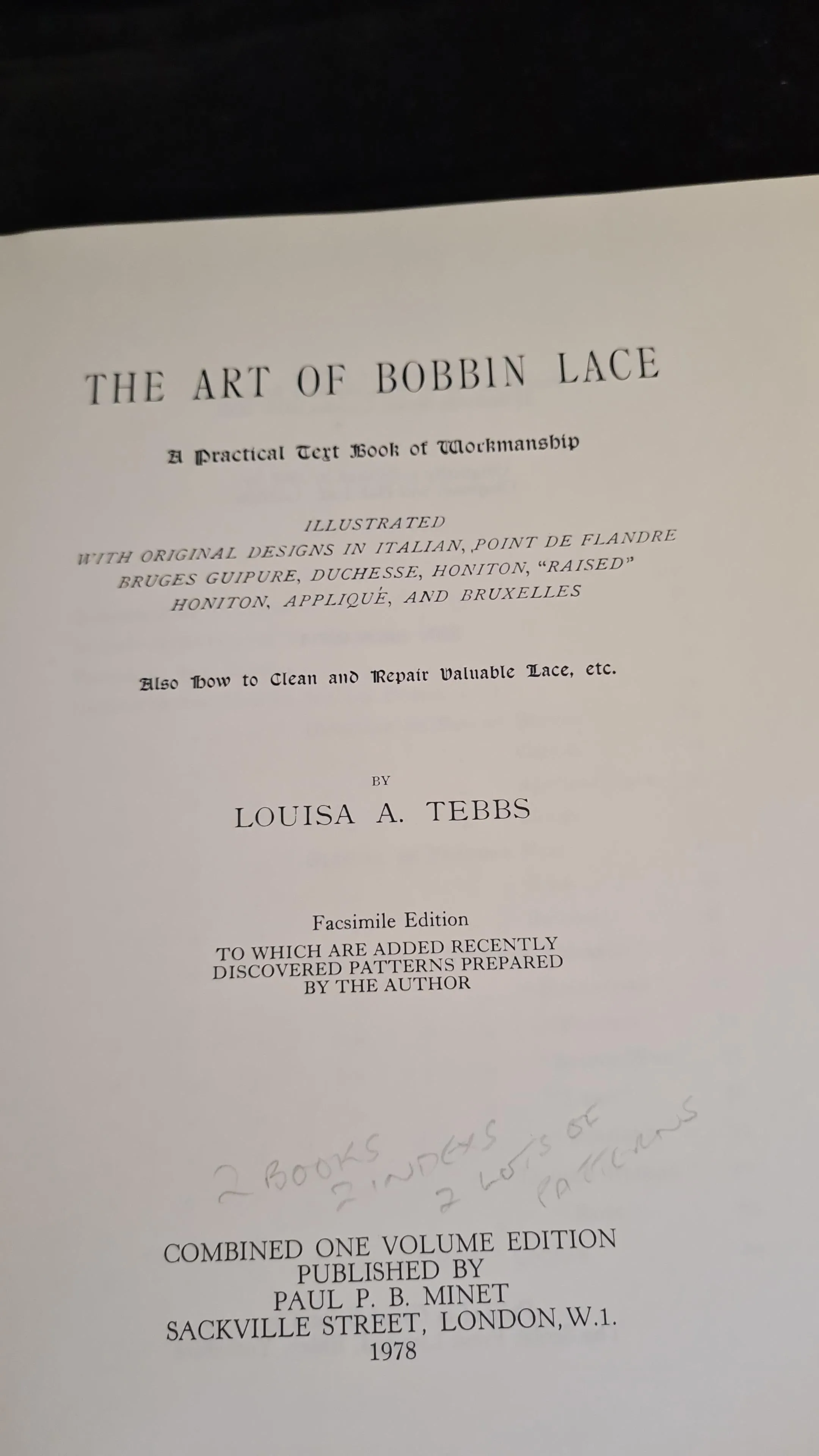 Louisa A Tebbs - The Art of Bobbin Lace, Paul P B Minet, 1978