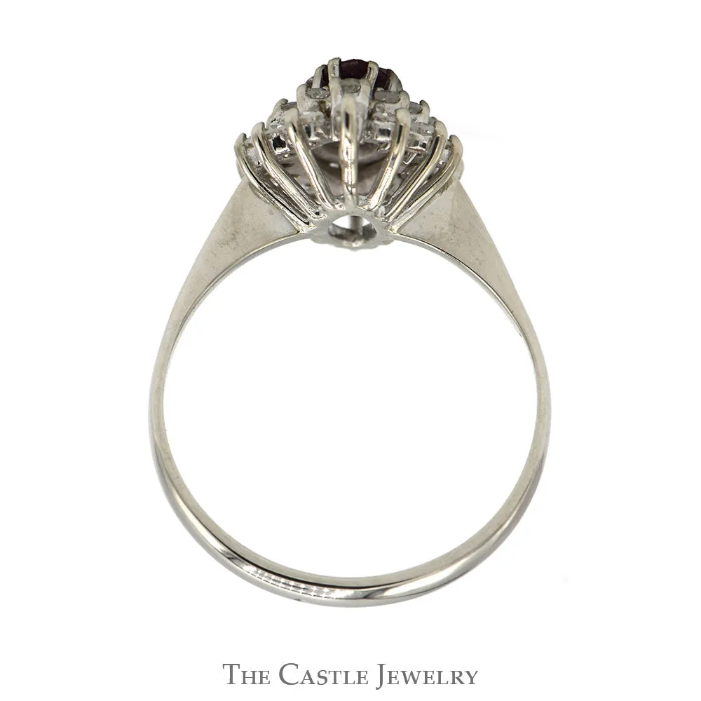 Marquise Shaped Ruby Ring with Double Diamond Halo in 14k White Gold