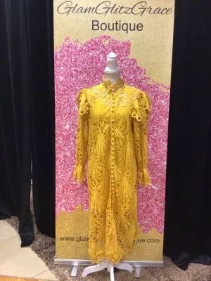 Mesh Long Sleeves Button Up Patterned High Neck Dress